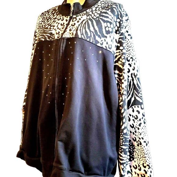 Koret Animal Print Black & White Jewel Embellished Zip Up Jacket Plus Size 3X - Picture 1 of 8
